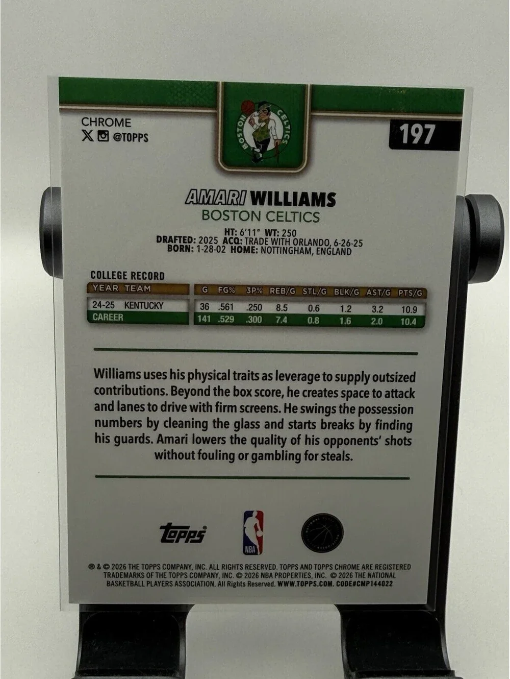 Topps Chrome Update Amari Williams #197 Gold Refractor /50 2026 Boston Celtics